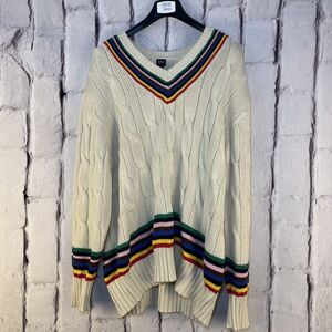 USED ROWING BLAZERS X TARGET Cream CROQUET Stripe CABLE Knit V Neck SWEATER XL